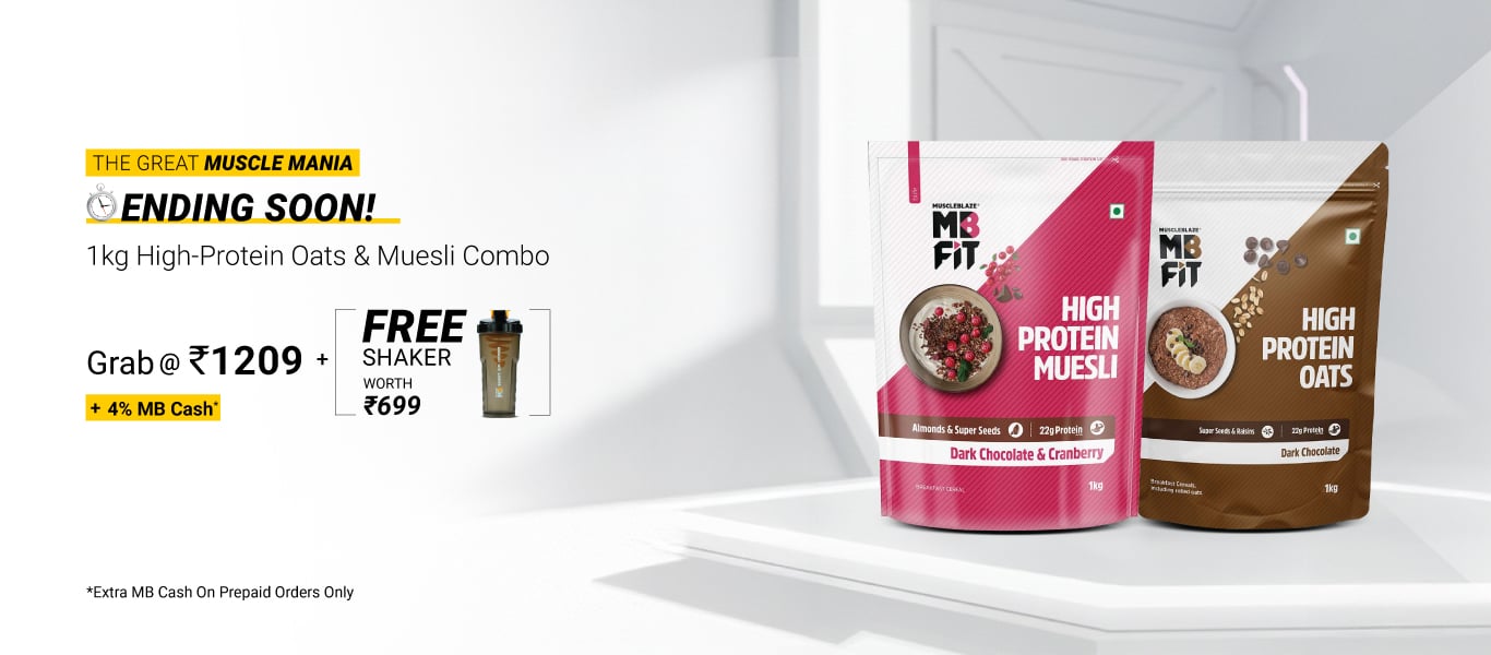 Ending Soon: High Protein Oats Dark Chocolate & High Protein Muesli Dark Chocolate & Cranberry 1 kg Combo @ 1209 + Free Shaker + 4% MB Cash