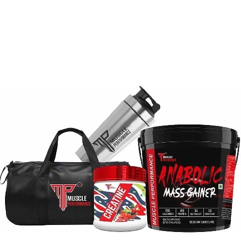 1 - Muscle Performance Anabolic Mass Gainer with Creatine Monohydrate 0.66 lbs, Steel Shaker & Gym Bag Combo,  11 lb  Belgium Chocolate 