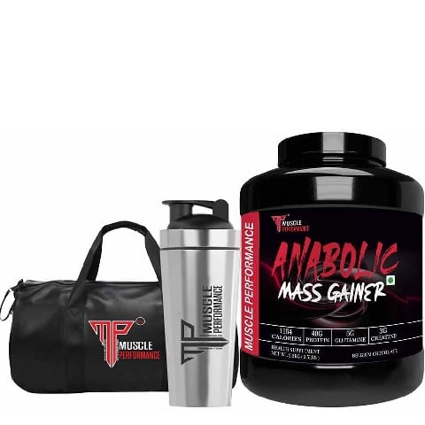 1 - Muscle Performance Anabolic Mass Gainer with Steel Shaker & Gym Bag Combo,  5.5 lb  Belgium Chocolate 