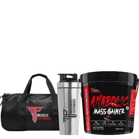 1 - Muscle Performance Anabolic Mass Gainer with Steel Shaker & Gym Bag Combo,  11 lb  Creamy Vanilla 