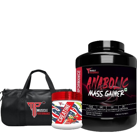 1 - Muscle Performance Anabolic Mass Gainer with Creatine Monohydrate 0.66 lbs & Gym Bag Combo, 5.5 lb Creamy Vanilla