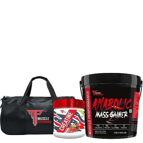1 - Muscle Performance Anabolic Mass Gainer with Creatine Monohydrate 0.66 lbs & Gym Bag Combo, 11 lb Irish Chocolate