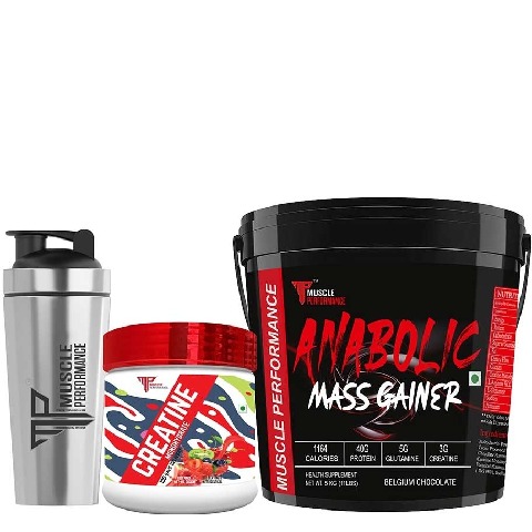 1 - Muscle Performance Anabolic Mass Gainer with Creatine Monohydrate 0.66 lbs & Steel Shaker Combo,  11 lb  Belgium Chocolate 