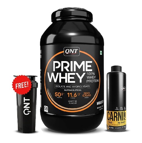 1 - QNT Prime Whey, Carnipump Ripping Pre-workout 500 ml Navel Orange & Plastic Protein Shaker Black 700ml Combo, 4.4 lb Coffee
