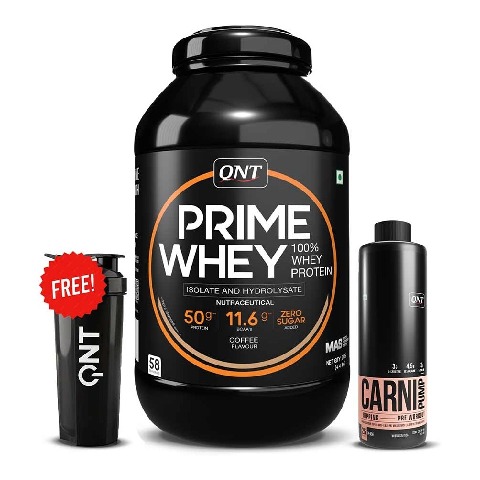 1 - QNT Prime Whey, Carnipump Ripping Pre-workout 500 ml Peach & Plastic Protein Shaker Black 700ml Combo,  4.4 lb  Coffee 