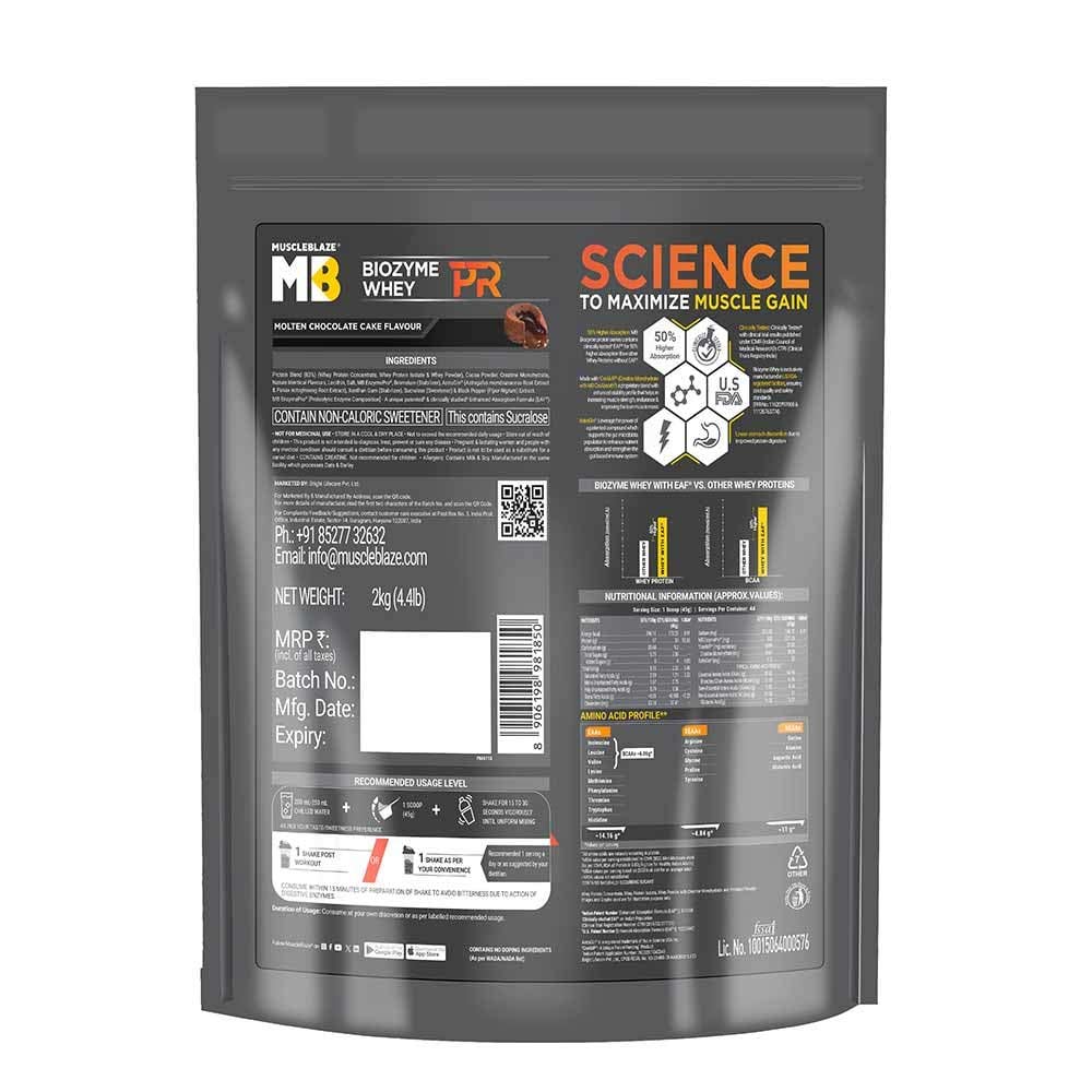 3 - MuscleBlaze Biozyme Performance Whey PR OP,  4.4 lb  Refill Pouch Molten Chocolate Cake