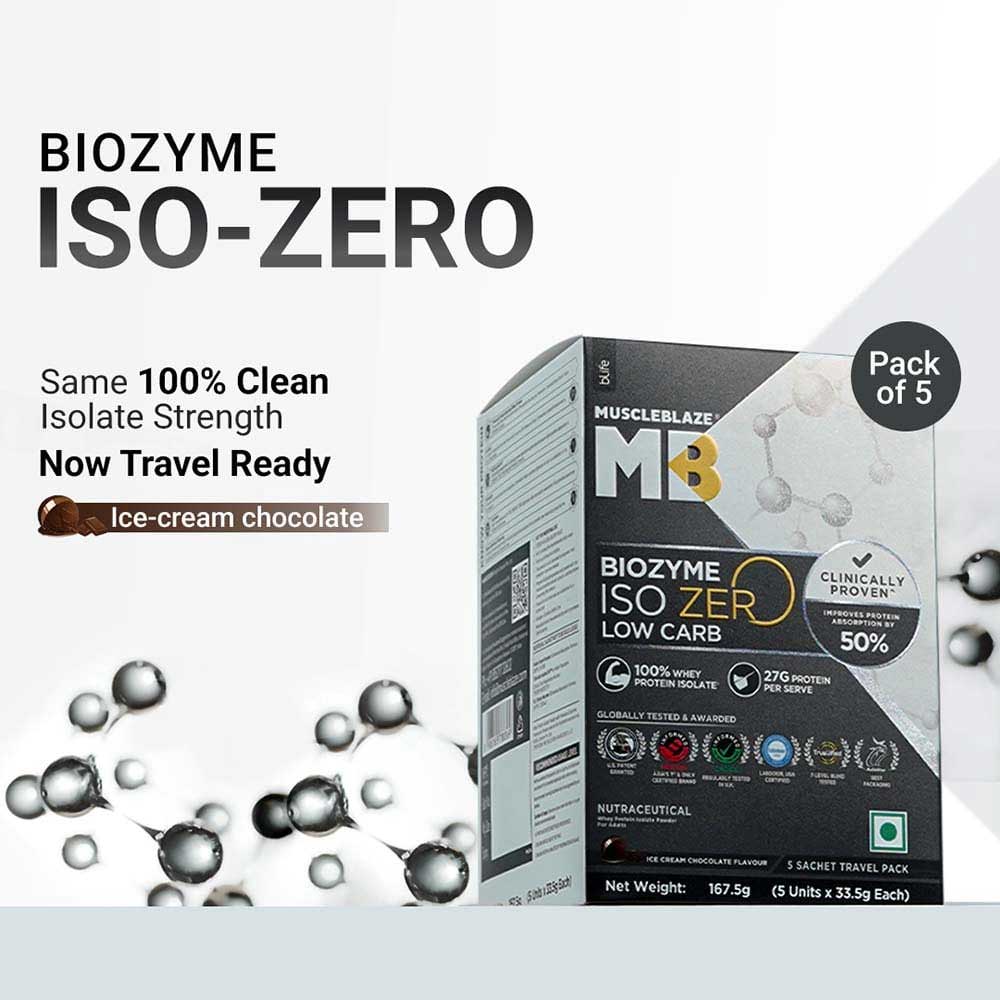 1 - MuscleBlaze Biozyme Iso-Zero Powder,  0.37 lb  Low carb Ice Cream Chocolate Travel Pack (5x33.5g)