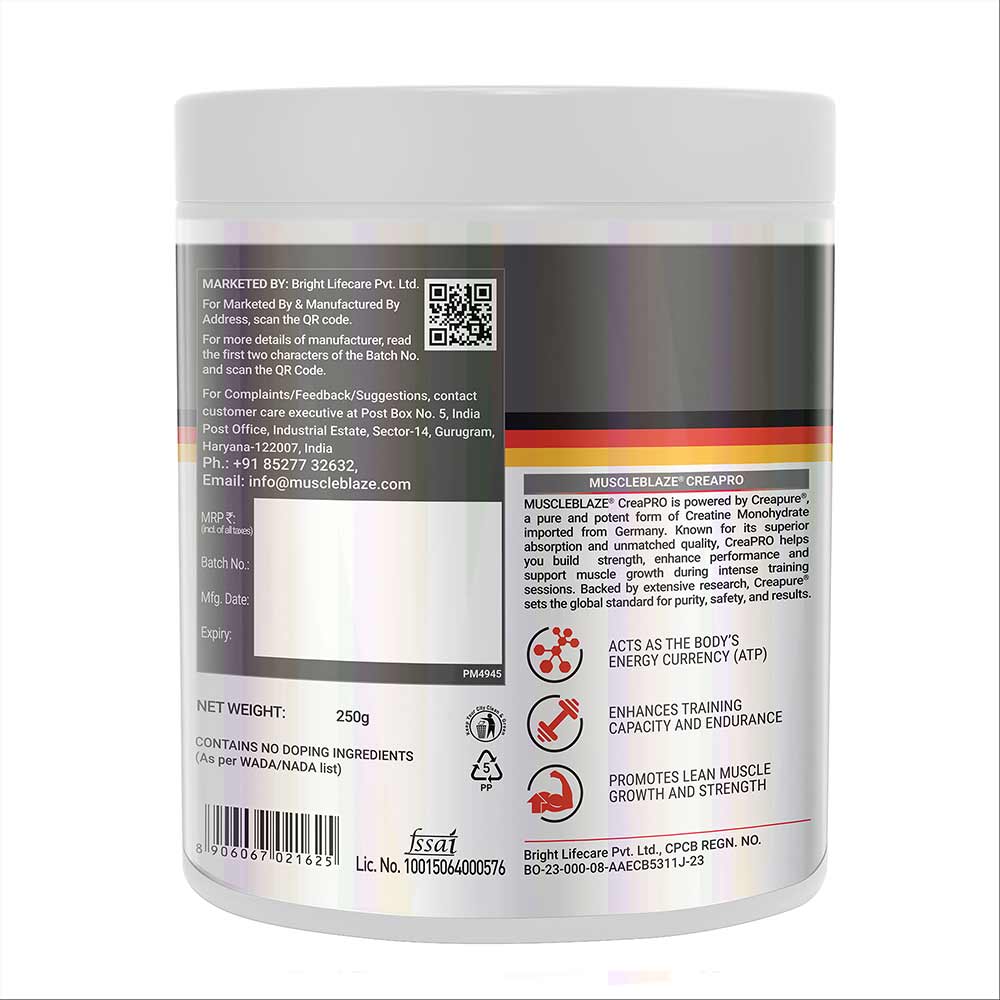 8 - MuscleBlaze CreaPRO Creatine with Creapure® Powder from Germany,  0.55 lb  Unflavoured