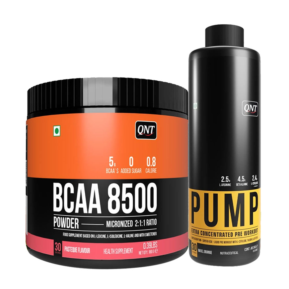 QNT BCAA 8500 & Pump Extra Concentrated Liquid Pre- Workout Combo, 0.39 lb 30 Servings Pasteque, 450 ml Navel Orange-image-19