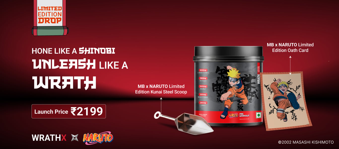 MuscleBlaze Pre Workout WrathX 540 g Rage Orange - Special Naruto Edition @ 2199 + Kunai Steel Scoop & Oath Card