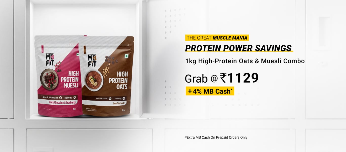 High Protein Oats Dark Chocolate & High Protein Muesli Dark Chocolate & Cranberry 1 kg Combo @ 1129 + 4% MB Cash