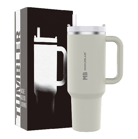 1 - MuscleBlaze Stainless Steel Vacuum Insulated Tumbler, Stallion White 1.2 L