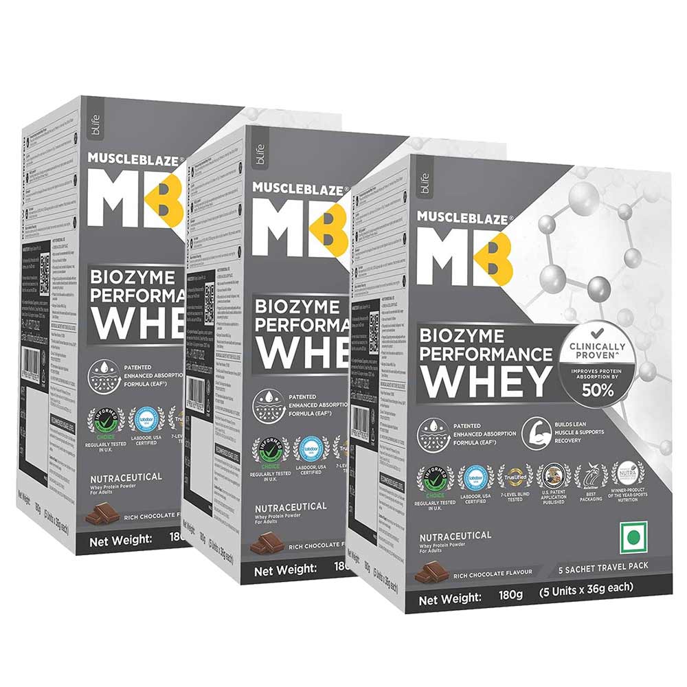 MuscleBlaze Biozyme Performance Whey Rich Chocolate 540g - 15 sachets x 36g-image-28