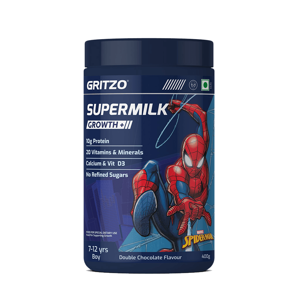 Supermilk Growth+ for Boy 7 to 12 years, 400 g Double Chocolate (Spiderman) 7-12 Yrs Boy Growth+ With Unrefined Sugar