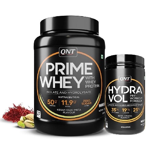 1 - QNT Prime Whey 2.2 lb Kesar Kaju Pista with Hydra Vol Pre Workout Combo,  0.88 lb  Navel Orange 