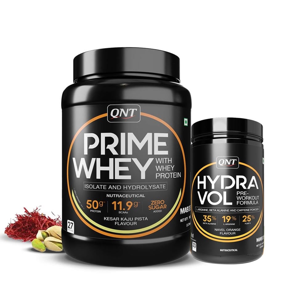 QNT Prime Whey 2.2 lb Kesar Kaju Pista with Hydra Vol Pre Workout Combo, 0.88 lb Navel Orange-image-2