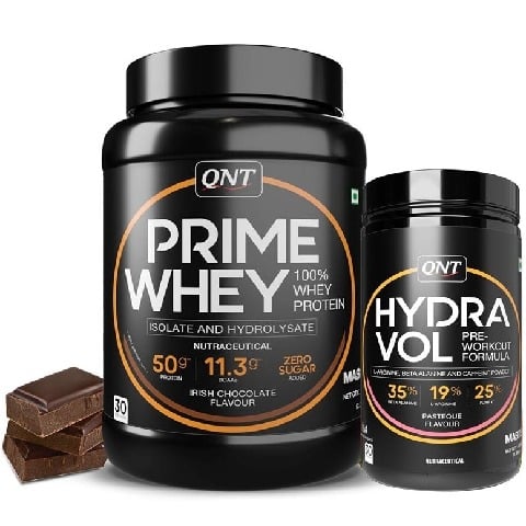 1 - QNT Prime Whey 2.2 lb Irish Chocolate with Hydra Vol Pre Workout Combo, 0.88 lb Pasteque