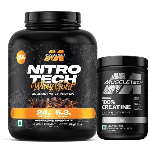 1 - MuscleTech Nitrotech 100% Whey Gold 4 lb Double Rich Chocolate (India) & Platinum 100% Creatine Combo, 0.55 lb Unflavoured