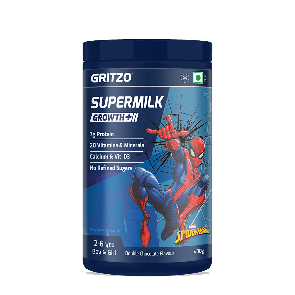 1 - Supermilk Growth+ for, 400 g Double Chocolate (Spiderman) 2-6 Yrs Boy/Girl Growth+ With Unrefined Sugar