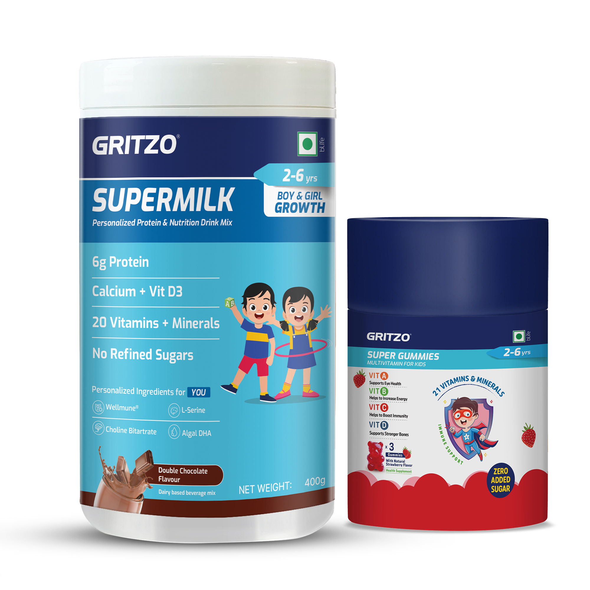 2 - Gritzo Immunity Kit, 400 g Chocolate with Gummies 2-6 Yrs Boy/Girl Immunity Booster With Unrefined Sugar