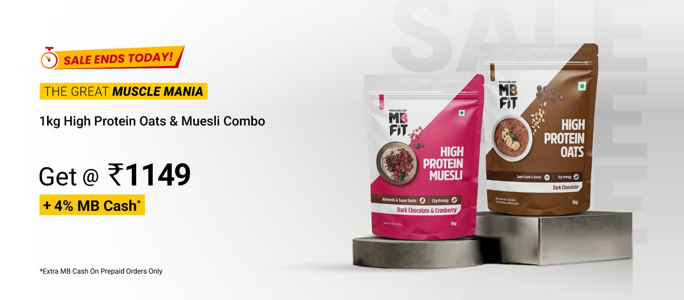 Sale Ends Today: High Protein Oats Dark Chocolate & High Protein Muesli Dark Chocolate & Cranberry 1 kg Combo @ 1149 + 4% MB Cash