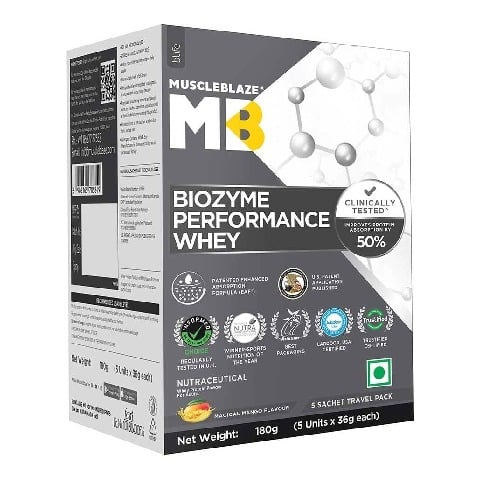 3 - MuscleBlaze Biozyme Performance Whey Protein Powder (Old MRP), 0.39 lb Magical Mango (Mono Carton)(5x36g) Travel Pack