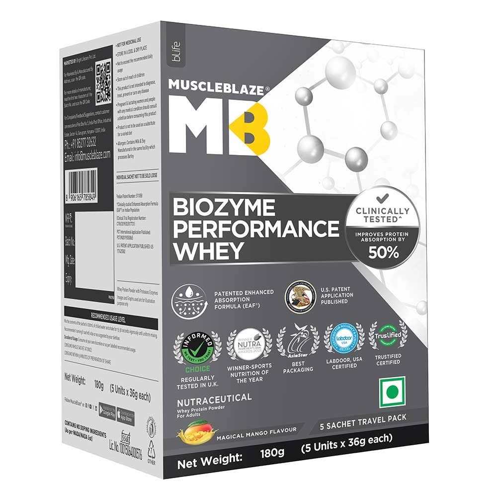 MuscleBlaze Biozyme Performance Whey Protein Powder (Old MRP), 0.39 lb Magical Mango (Mono Carton)(5x36g) Travel Pack-picture-35