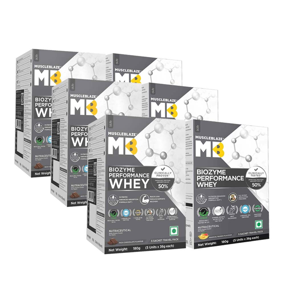 muscleblaze Biozyme Performance Whey Rich Chocolate and Magical Mango 1.08 kg - 30 sachets x 36g-picture-10