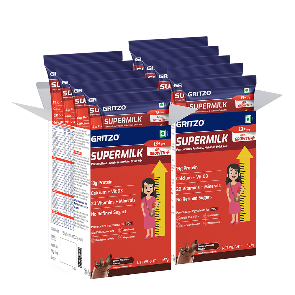 1 - Supermilk Growth+ for Girl 13+ years, 333 g Double Chocolate (Pack of 10) 13+ Yrs Girl Growth+ With Unrefined Sugar