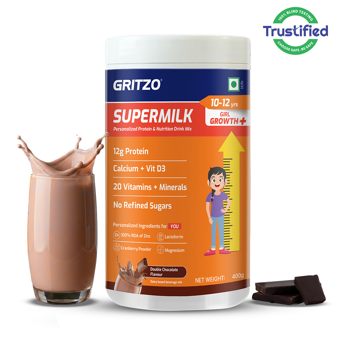 1 - Supermilk Growth+ for Girl 10 to12 Yrs, 400 g Double Chocolate 10-12 Yrs Girl Growth+ With Unrefined Sugar