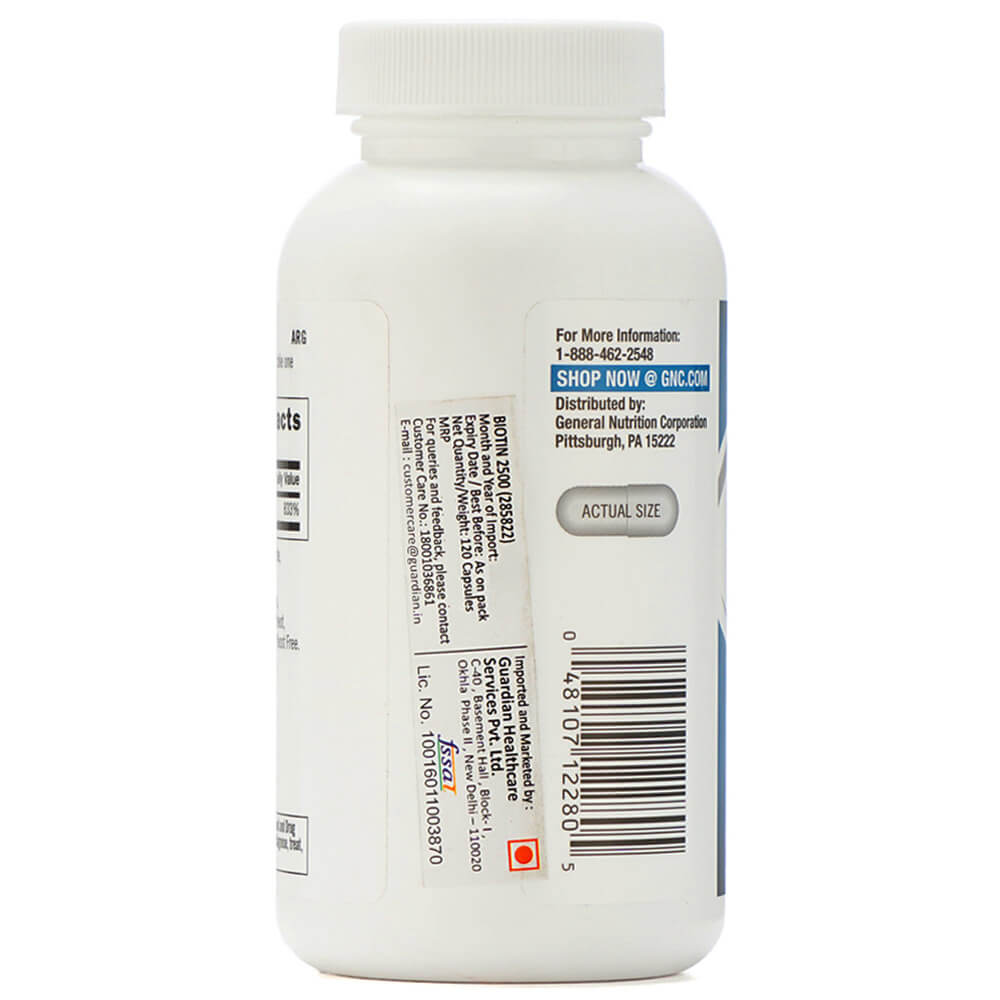 back - GNC Biotin (2500mcg),  120 capsules  Unflavoured 