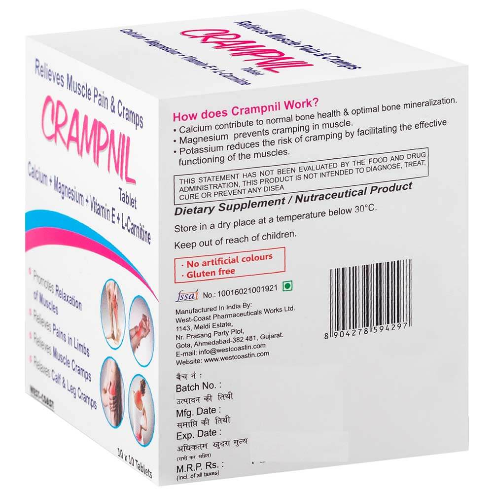 back - West Coast Crampnil Calcium + Magnesium + Vitamin E + L Carnitine,  10 tablet(s) 