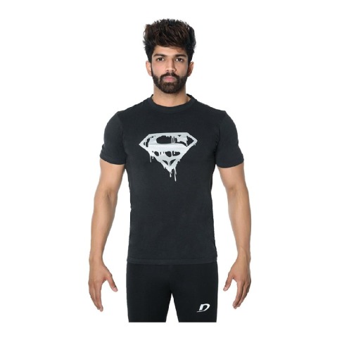1 - DK Active Wear Half Sleeve Gym T Shirt (Superman),  Black and Silver  Small 