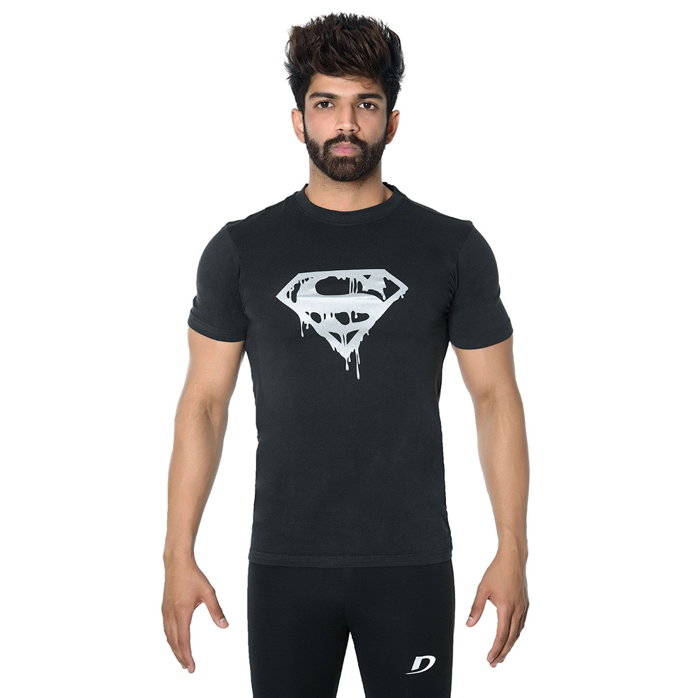 1 - DK Active Wear Half Sleeve Gym T Shirt (Superman),  Black and Silver  Small 