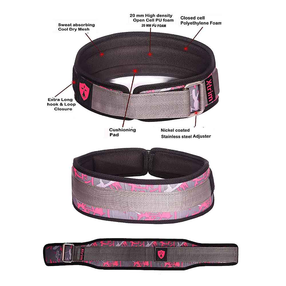 2 - Xtrim 4 Inches Dura Belt Women Gym Fitness Weight Lifting Belt Foam Padded Leather Contoured Weightlifting Belt with Steel Roller Adjuster,  Pink  Large 
