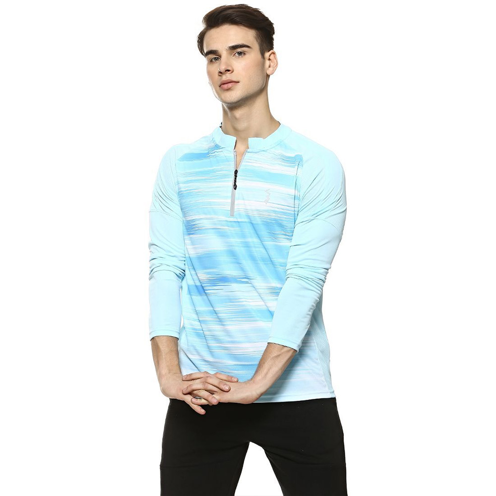 1 - Campus Sutra Graphic Print Men Mandarin Collar T Shirt,  Sea Blue  Large 