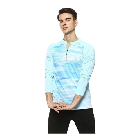 1 - Campus Sutra Graphic Print Men Mandarin Collar T Shirt,  Sea Blue  XL 