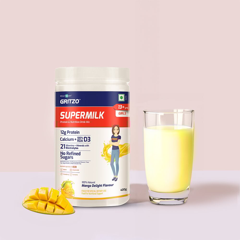 Gritzo SuperMilk Overall Growth for 13+ Yrs Girls Protein & Nutrition Drink Mix,  400 g  Mango Delight  13+ Yrs  Girl  Overall Growth 