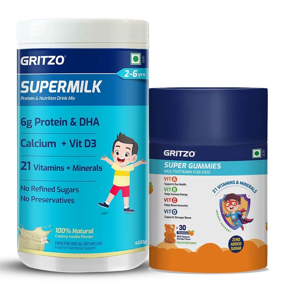 Supermilk Overall Growth for Boy/Girl 2 to 6 Yrs 400g Creamy Vanilla and Gummies Multivitamin Orange Combo