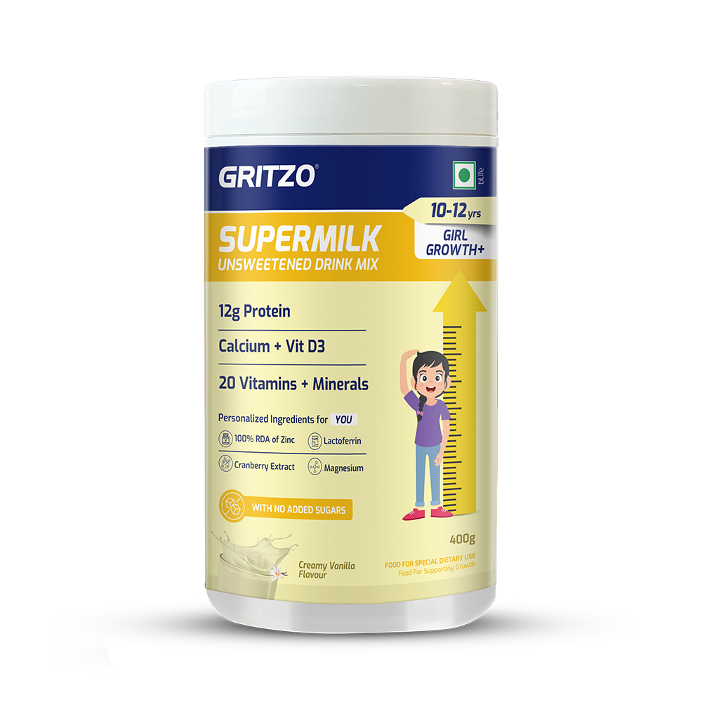 Supermilk Growth+(Height+) Unsweetened for Girl 10 to 12 Yrs,  400 g  Creamy Pink Vanilla  10-12 Yrs  Girl  Growth+(Formerly Height+)  No Added Sugar 
