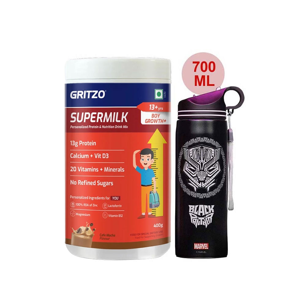 Supermilk Growth+ for Boy 13+ Yrs 400g Cafe Mocha and 700ml Black Panther Sipper Combo