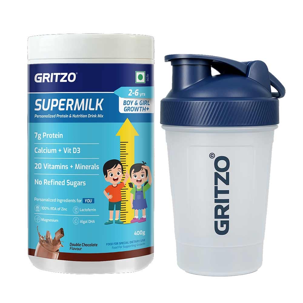 Gritzo SuperMilk Growth+ for 2-6 Yrs Boy/Girl 400 g Double Chocolate & Shaker Combo