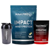 1 - Nakpro Impact Whey Protein 2.2 lb & Creatine Monohydrate 0.22 lb Combo, 3 Piece(s)/Pack Malai Kulfi & Unflavoured (with Shaker)