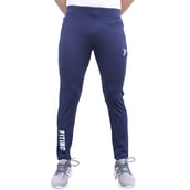 1 - Fitinc Men's Lycra Slim Fit Track Pants with 2 Side Zipper Pockets and Logo,  Navy Blue  Small 