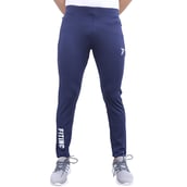 1 - Fitinc Men's Lycra Slim Fit Track Pants with 2 Side Zipper Pockets and Logo,  Navy Blue  XXL 