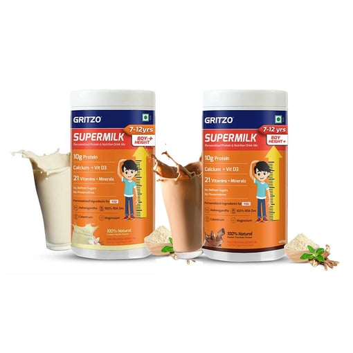 Gritzo SuperMilk Height+ Double Chocolate and Creamy Vanilla for 7-12 Yrs Boys Combo - 400g x 2