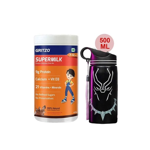 Supermilk Overall Growth for Boy 7 to 12 Yrs 400g and 500ml Black Panther Sipper Combo