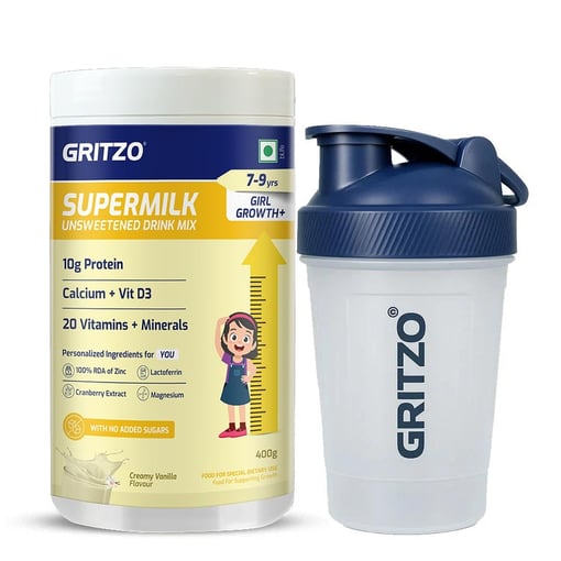 Supermilk Growth+ Unsweetened for Girl 7 to 9 Yrs 400g Creamy Vanilla and Shaker Combo