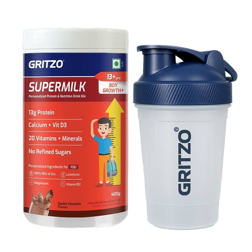 Gritzo SuperMilk Growth+ for 13+ Yrs Boys 400 g Double Chocolate & Shaker Combo