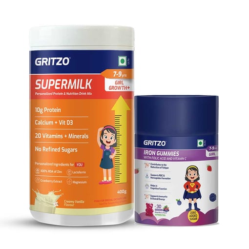 Supermilk Growth+ 400g Creamy Vanilla for 7 to 9 Yrs Girl & Iron Gummies Combo